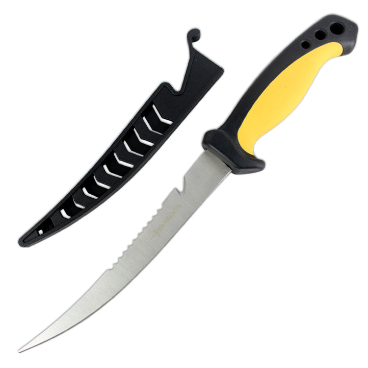 11.5" Defender Comfort Yellow Grip Fish Fillet Knife with Serrated Edge Blade