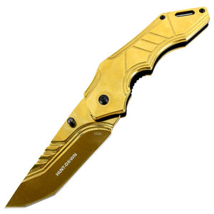 Hunt-Down 8" Spring Assisted Folding Knife Tactical Rescue - Gold Blade & Handle