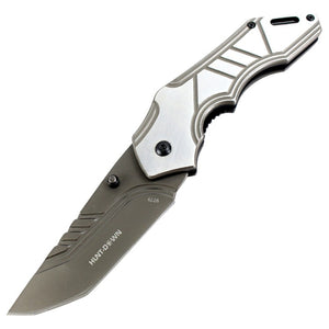 Hunt-Down 8" Spring Assisted Folding Knife Tactical Rescue - Silver Blade & Handle