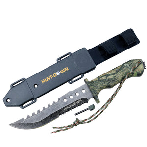 Hunt-Down 12" Camo Survival Hunting Knife with Fire Starter and ABS Sheath