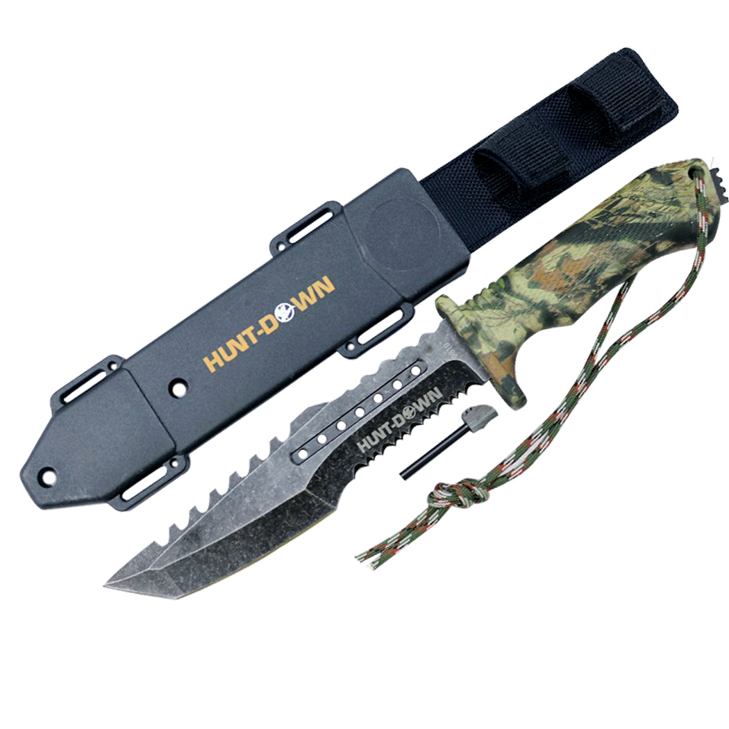 Hunt-Down 12" Hunting Survival Knife with Fire Starter and ABS Sheath New