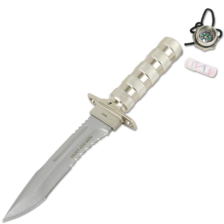 Hunt-Down 12" All Chrome Fixed Blade Survival Knife - Survival Kit & Compass