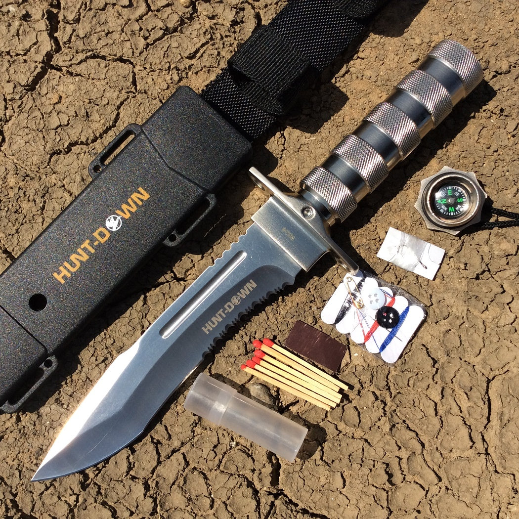 Hunt-Down 12" All Chrome Fixed Blade Survival Knife - Survival Kit & Compass