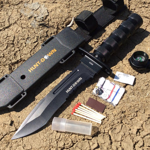 Hunt-Down 12" All Black Fixed Blade Survival Knife - Survival Kit & Compass