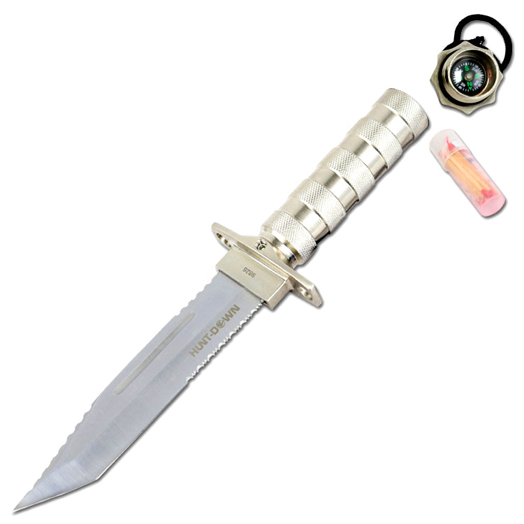 Hunt-Down 12" Chrome Color Fixed Blade Survival Knife - Survival Kit & Compass