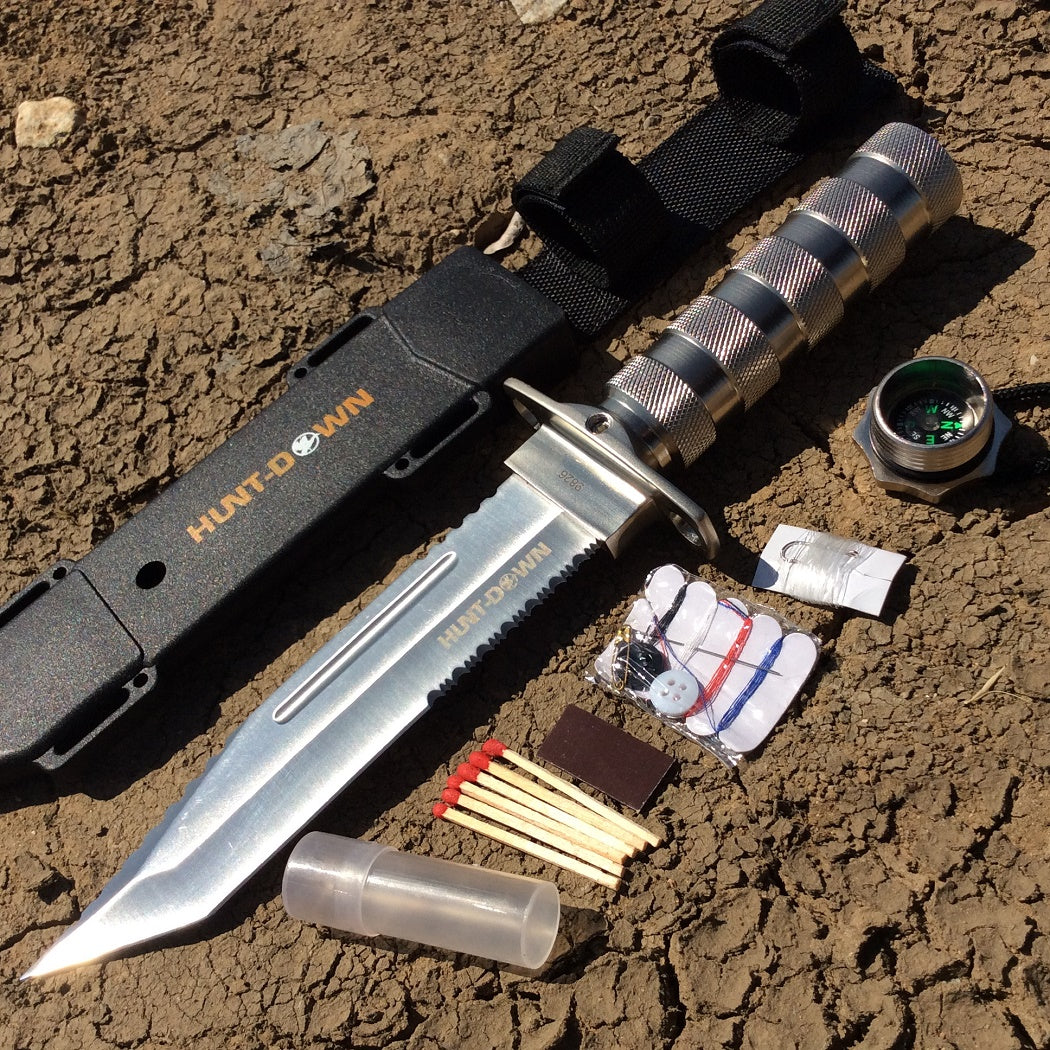 Hunt-Down 12" Chrome Color Fixed Blade Survival Knife - Survival Kit & Compass