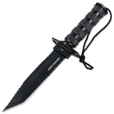 Hunt-Down 12" Black Color Fixed Blade Survival Knife - Survival Kit & Compass