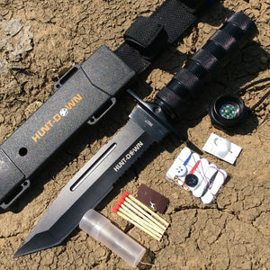 Hunt-Down 12" Black Color Fixed Blade Survival Knife - Survival Kit & Compass