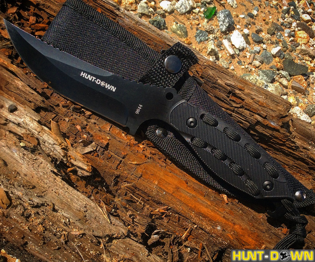 Hunt-Down 8" Black Hunting Knife With Black Handle and Black paracord & Sheath