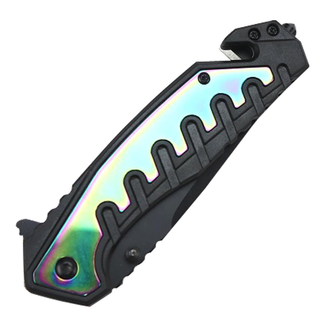 Defender-Xtreme 9" Rainbow & Black Spring Assisted Folding Knife with Belt Clip