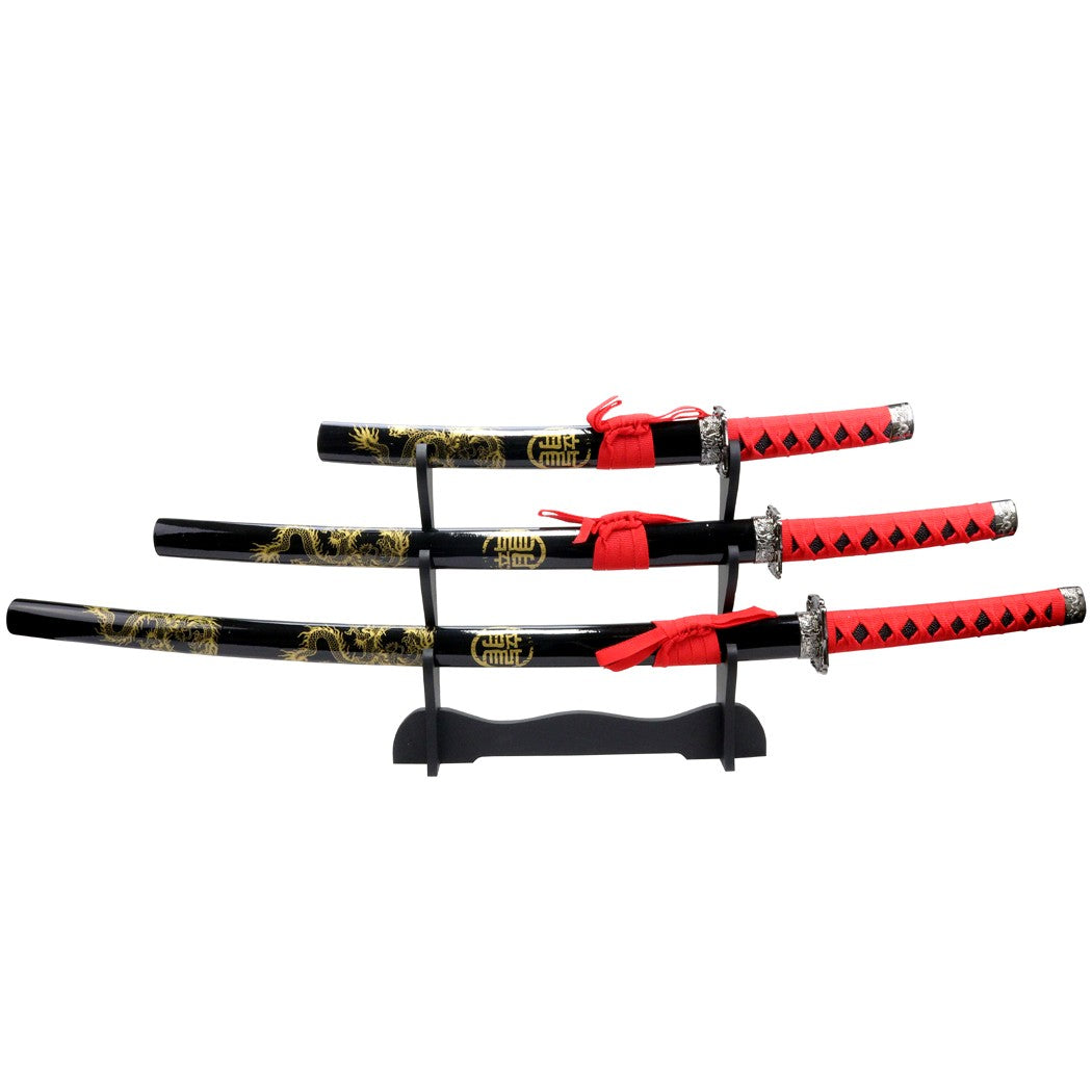 3pc Black and Red Samurai Sword Set Carbon Steel Blade with Stand Good Quality