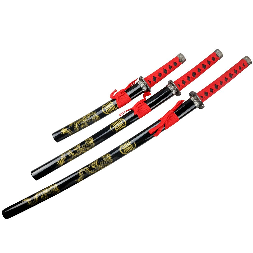 3pc Black and Red Samurai Sword Set Carbon Steel Blade with Stand Good Quality