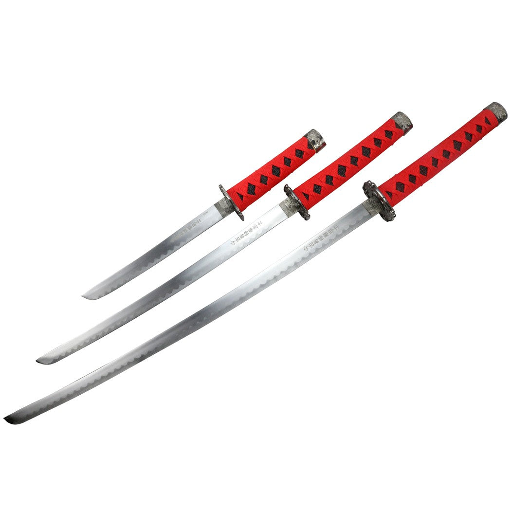 3pc Black and Red Samurai Sword Set Carbon Steel Blade with Stand Good Quality