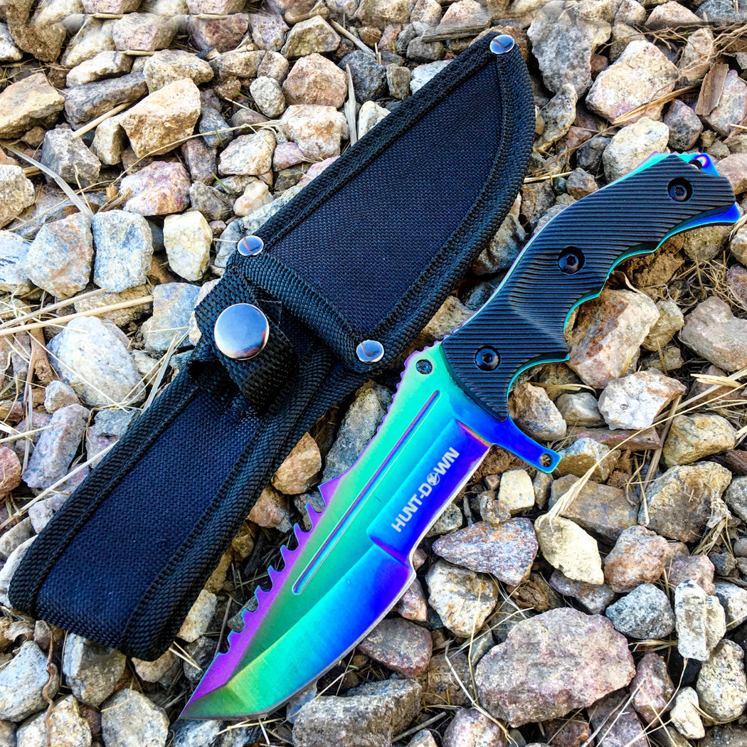 Hunt-Down Series 9.5" Hunting Knife Multi Rainbow Color Full Tang Blade