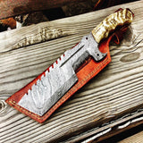 TheBoneEdge 12.5" Full Tang Damascus Blade Hunting Knife Lamb Horn Leather Sheath