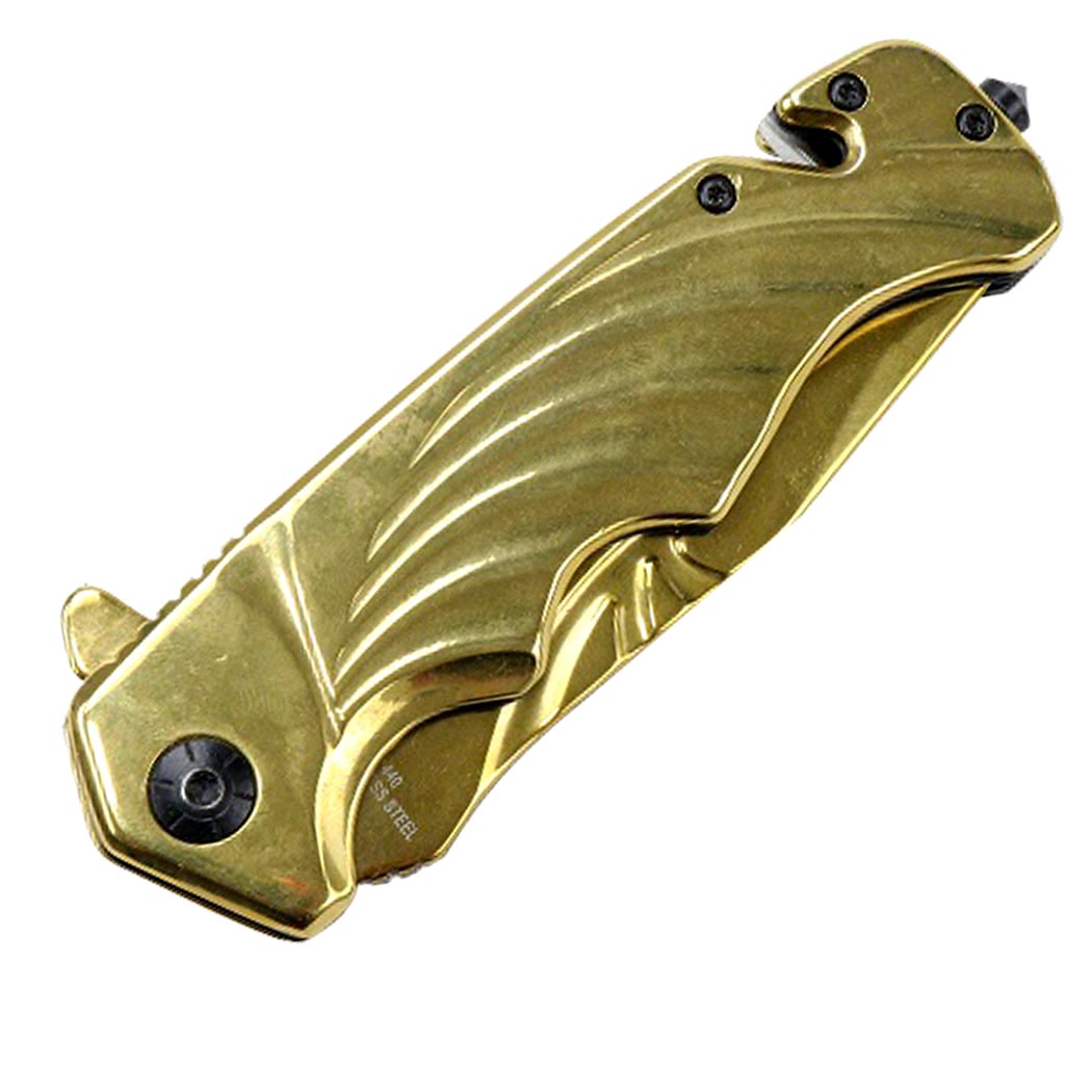 8" TheBoneEdge Spring Assisted Folding Knife All Gold With Belt Cutter & Glass Breaker