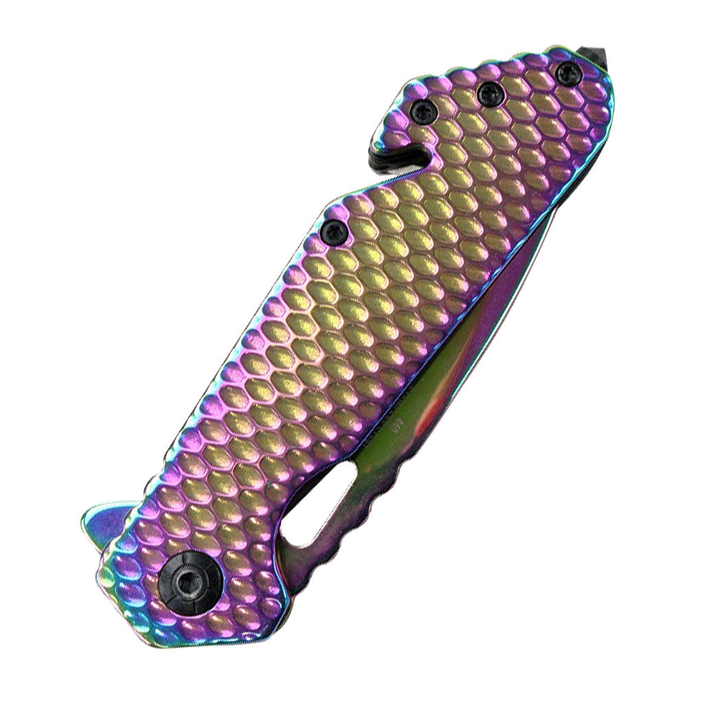 8.5" TheBoneEdge Spring Assisted Folding Knife Rainbow With Belt Cutter & Glass Breaker