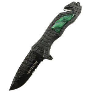 Hunt-Down 8.5" Green spring assisted folding knife Belt Cutter Glass Breaker 3CR13 Steel