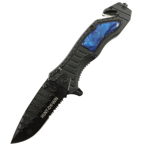 Hunt-Down 8.5" Blue spring assisted folding knife Belt Cutter Glass Breaker 3CR13 Steel
