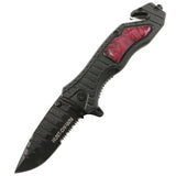 Hunt-Down 8.5" Red spring assisted folding knife Belt Cutter Glass Breaker 3CR13 Steel