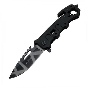 8.5" Hunt-Down Spring Assisted Folding Knife Grey With Belt Cutter & Glass Breaker