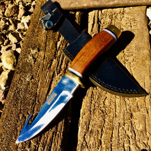 Defender-Xtreme 8.5" Wood Handle Stainless Steel Hook Blade Hunting Knife Sheath