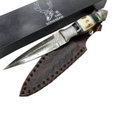 TheBoneEdge 9.5" Damascus Blade Stag Handle Hunting Knives with leather Sheath