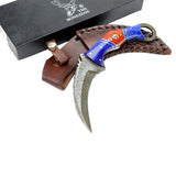 TheBoneEdge 8" Skinner Damascus Blade Blue Horn Handle Hunting Knife with Sheath