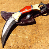TheBoneEdge 8" Skinner Damascus Blade White Horn Handle Hunting Knife with Sheath