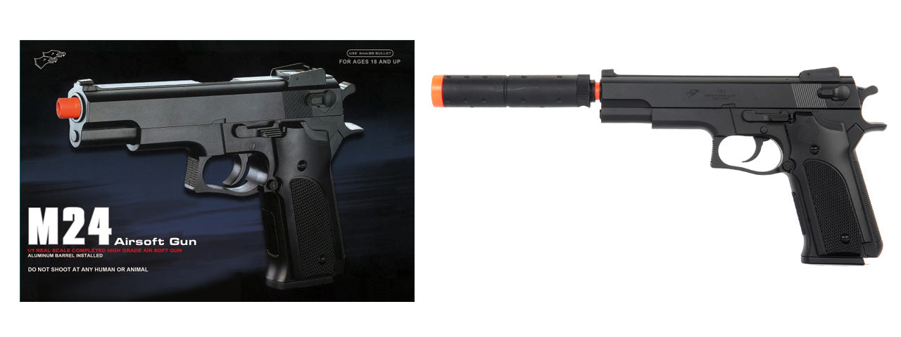 Double Eagle SM24 Large High Performance Plastic Spring Airsoft Pistol w/Silencer