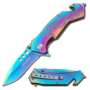 Tac-Force 7.75" Stainless Steel Spring Assisted Knife Dragon Pattern Rainbow Handle