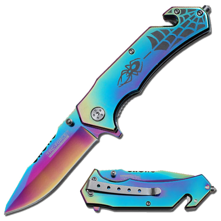 Tac-Force 8" Stainless Steel Spring Assisted Knife Spider Pattern Rainbow Handle