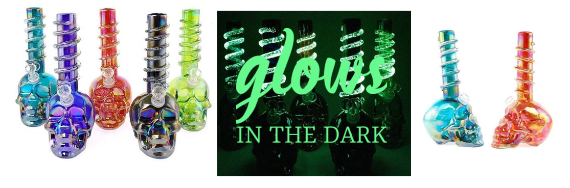 10" Glow In The Dark Skull Glass-On-Glass Soft-Glass Water Pipe