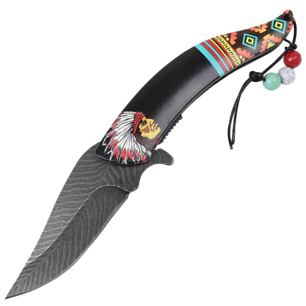 Defender 8" Spring Assisted Folding Knife Native American Stainless Steel Black