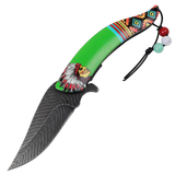 Defender 8" Spring Assisted Folding Knife Native American Stainless Steel Green