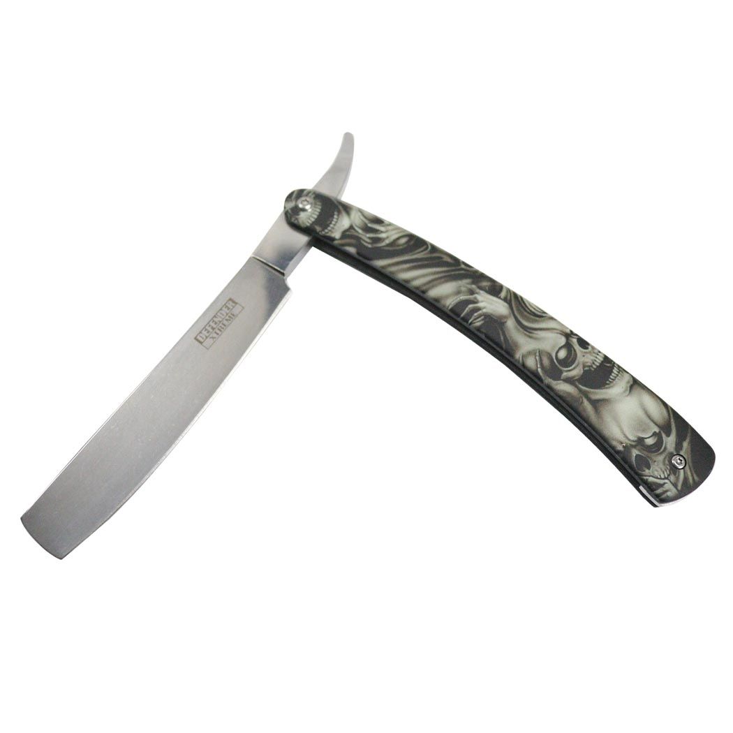 Defender-Xtreme 10" Straight Razor Skull Rose Folding Knife 3CR13 Stainless