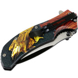 Defender-Xtreme 8.5" Bald Eagle Wood Color Handle Spring Assisted Folding Knife