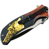Defender-Xtreme 8.5" Dire Wolf Wood Color Handle Spring Assisted Folding Knife