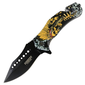 Defender-Xtreme 8.5" Glass Breaker Skull Indian Spring Assisted Folding Knife