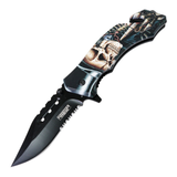 Defender-Xtreme 8" Top Hat Skull Spring Assisted Folding Knife Belt Cutter & Clip