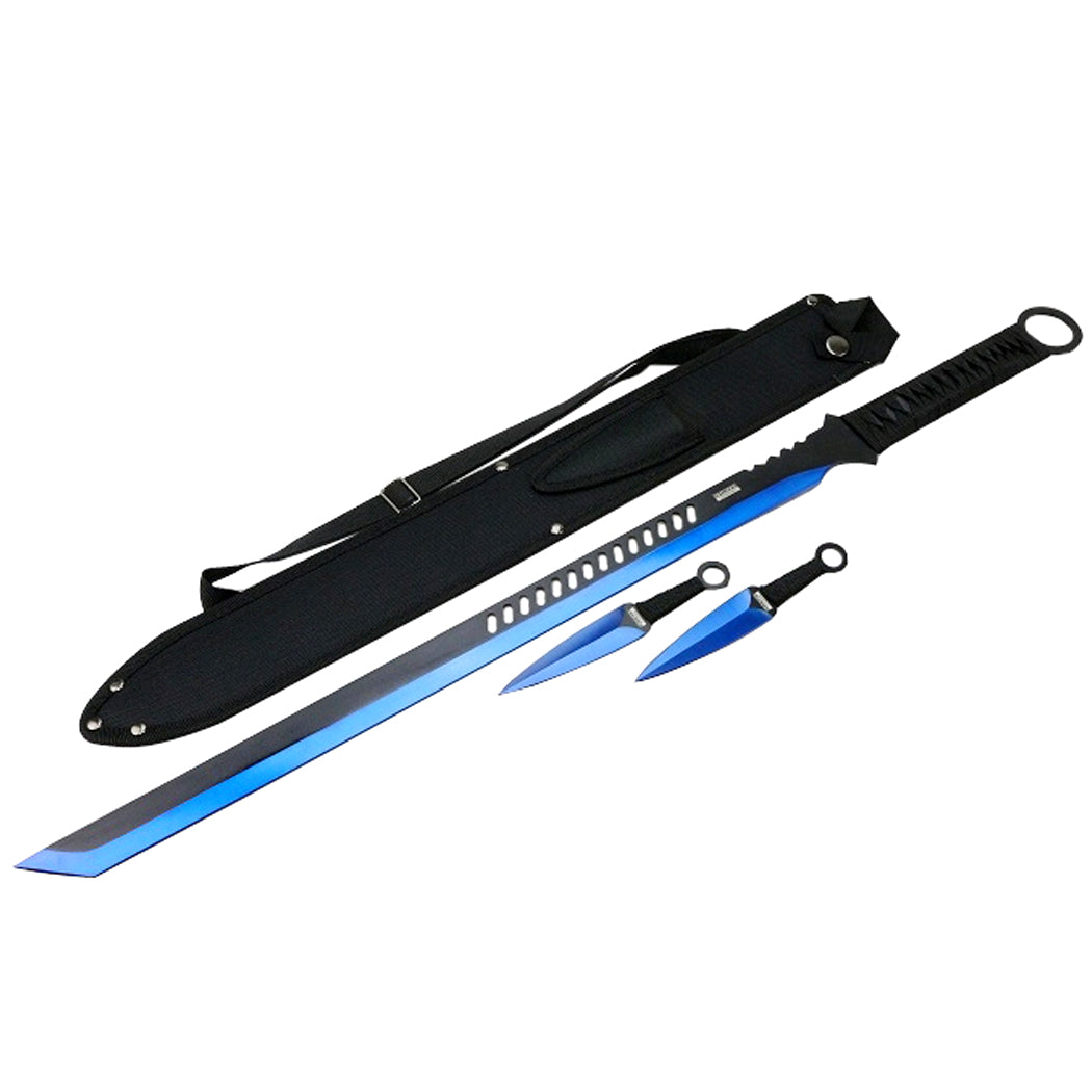 27.5" Blue 2 Tone Blade Sword with 2 Throwing Knives and Sheath