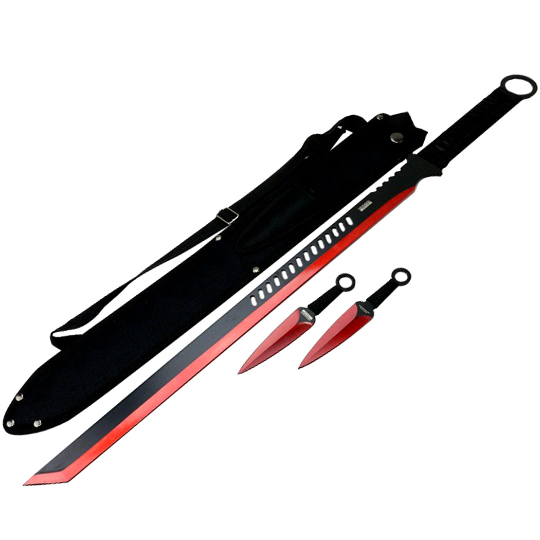 27.5" Red 2 Tone Blade Sword with 2 Throwing Knives and Sheath