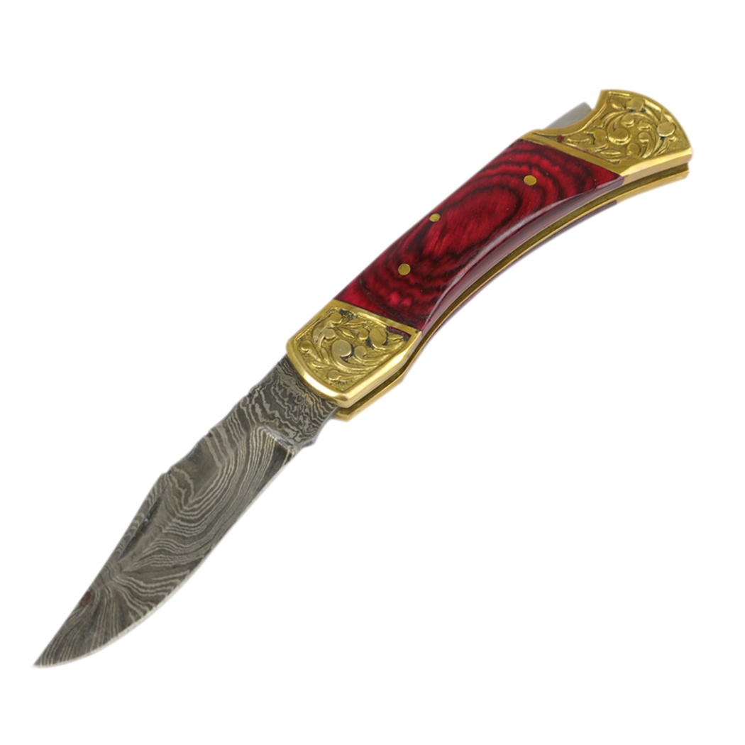 TheBoneEdge 7" Hand Made Damascus Blade Folding Knife Pakkawood Handle Dark Red