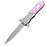 TheBoneEdge 8.5" Medieval Style Spring Assisted Folding Knife Pink Pearl