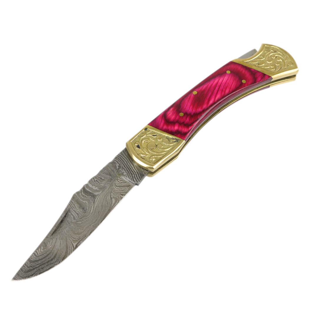 TheBoneEdge 9" Hand Made Damascus Blade Folding Knife Pakkawood Handle Pink New