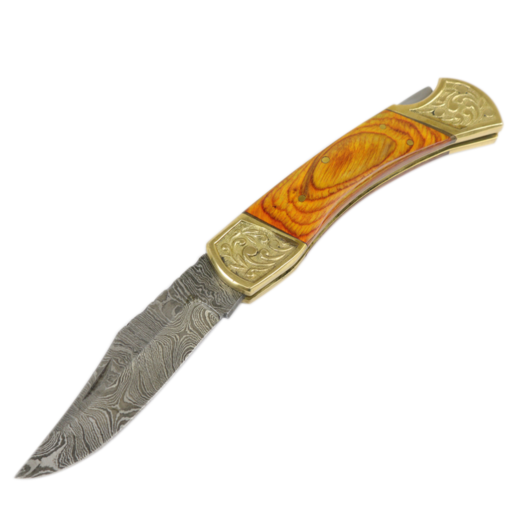 TheBoneEdge 7" Hand Made Damascus Blade Folding Knife Pakkawood Handle Yellow