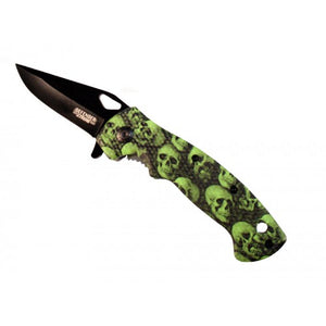 7.5"  Mini Folding Spring Assisted Knife Green Skull Handle Design With Clip