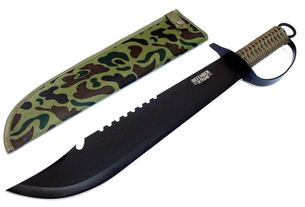 19" Black Machete Hunting Sword with Brown String Handle & Sheath