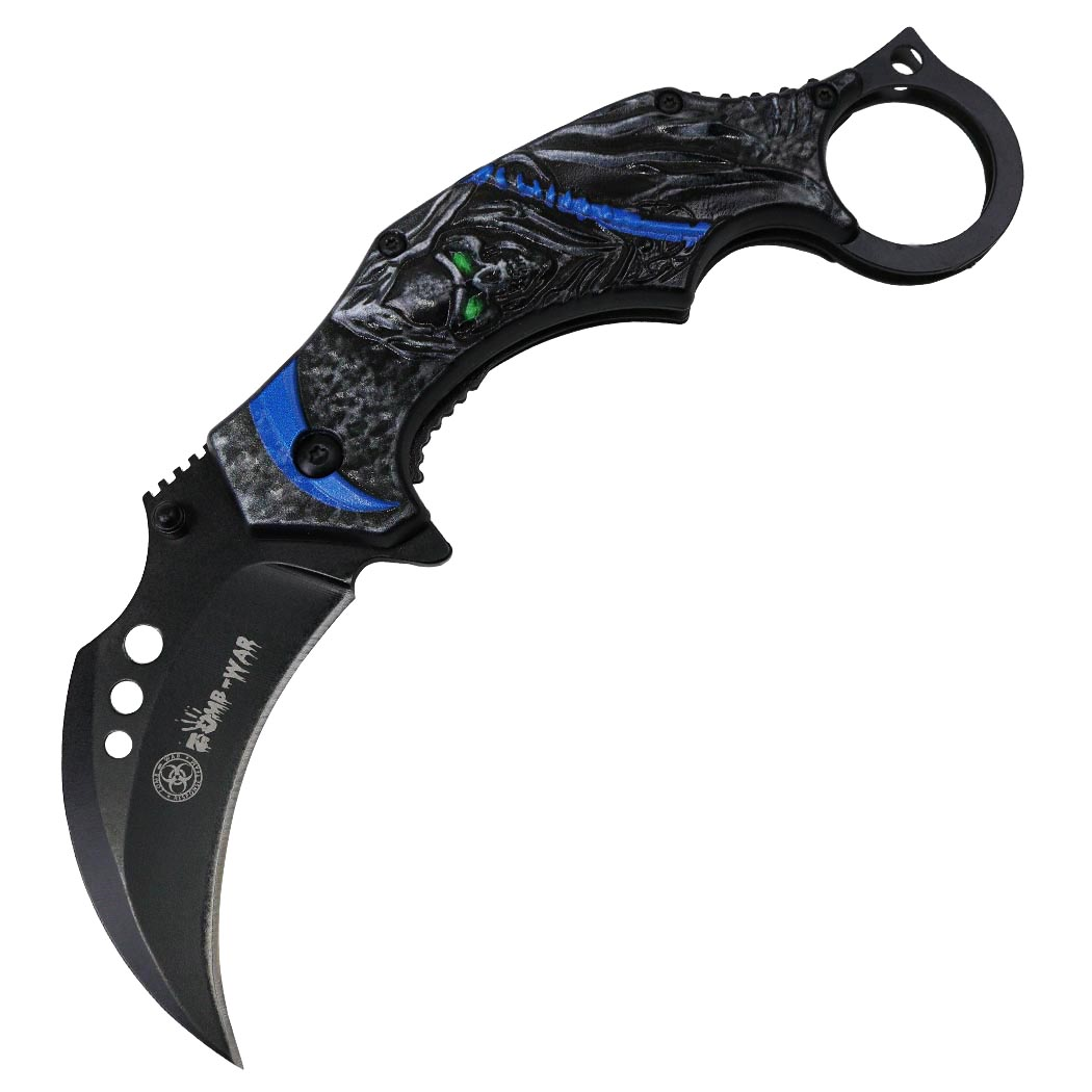 Zomb-War 7" Grim Reaper Black Blue Spring Assisted Folding Knife Stainless Steel