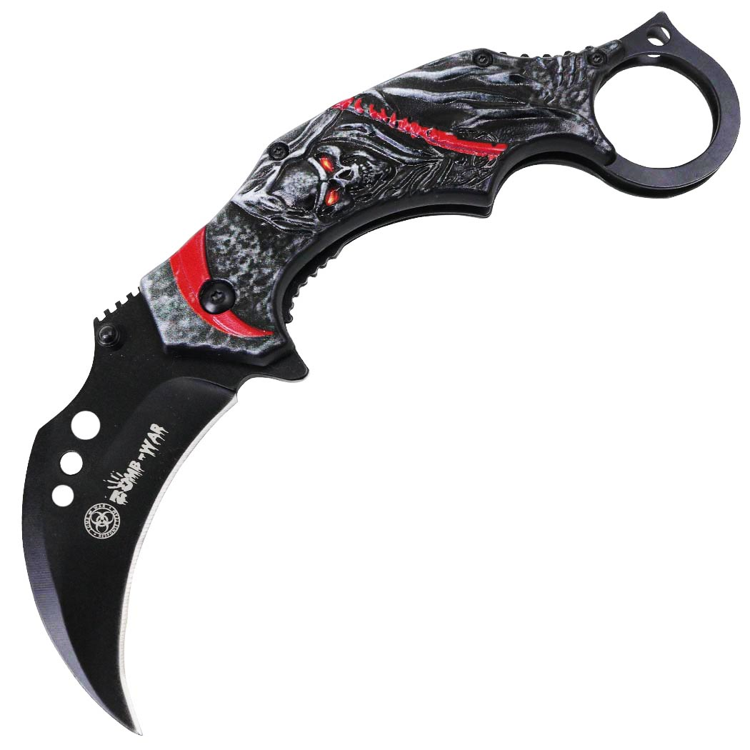 Zomb-War 7" Grim Reaper Black Red Spring Assisted Folding Knife Stainless Steel